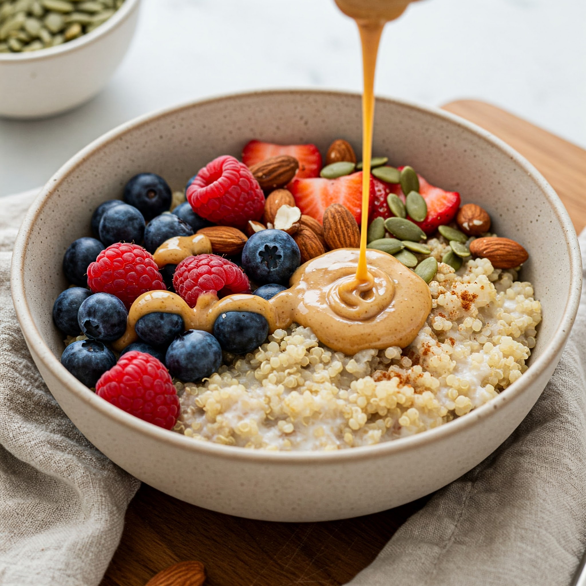 Quinoa Breakfast Bowl with Almonds and Berries